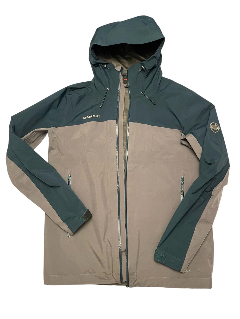 Mammut Men's Two-Tone Hooded Gortex Waterproof Raincoat - Teal Green & Taupe